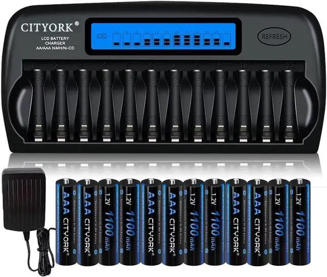 Main image of CITYORK 16 Packs Rechargeable AAA Batteries 1100mAh with 16 Bay LCD Smart Battery Charger,AA/AAA NiMH/NiCd Rechargeable Batteries Charger