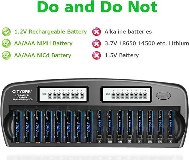 Alt view image 3 of 7 - CITYORK 16 Packs Rechargeable AAA Batteries 1100mAh with 16 Bay LCD Smart Battery Charger,AA/AAA NiMH/NiCd Rechargeable Batteries Charger
