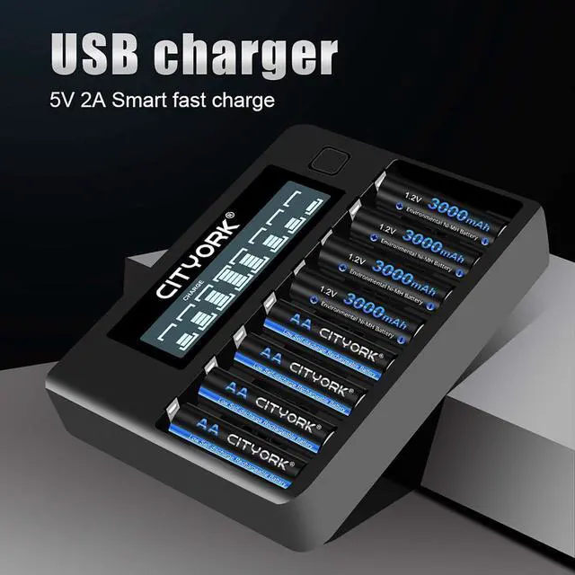 Alt view image 3 of 7 - CITYORK 8 Pack AA 3000mAh Ni-MH Rechargeable Batteries with 8 Slot Battery Charger