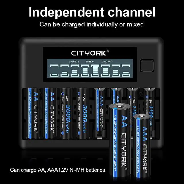 Alt view image 4 of 7 - CITYORK 8 Pack AA 3000mAh Ni-MH Rechargeable Batteries with 8 Slot Battery Charger