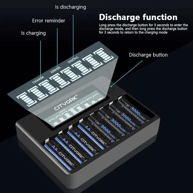 Alt view image 5 of 7 - CITYORK 8 Pack AA 3000mAh Ni-MH Rechargeable Batteries with 8 Slot Battery Charger