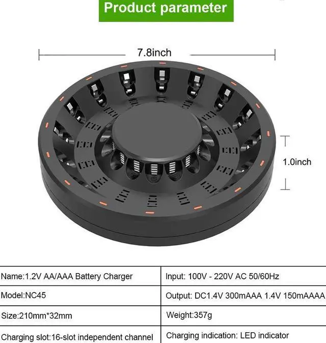 Alt view image 3 of 7 - CITYORK 16 Bay AA AAA Battery Charger Fast for 1.2V NiMH/NiCd Double A and Triple A Household Rechargeable Batteries with Battery Holder Case