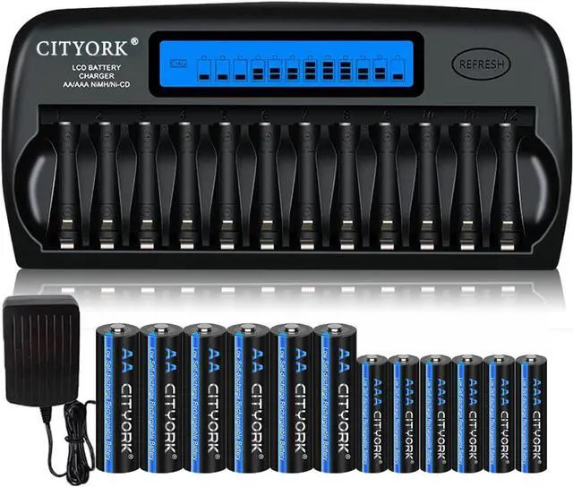 Main image of CITYORK 12 Bay LCD Smart Charger with AA AAA Rechargeable Battery, 6 Pack AA 3000mAh Rechargeable Battery with 6 Pack 1.2V Ni-MH AAA1100mAh Rechargeable Batteries