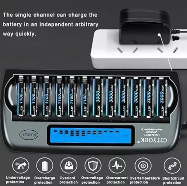 Alt view image 5 of 7 - CITYORK 12 Bay LCD Smart Charger with AA AAA Rechargeable Battery, 6 Pack AA 3000mAh Rechargeable Battery with 6 Pack 1.2V Ni-MH AAA1100mAh Rechargeable Batteries
