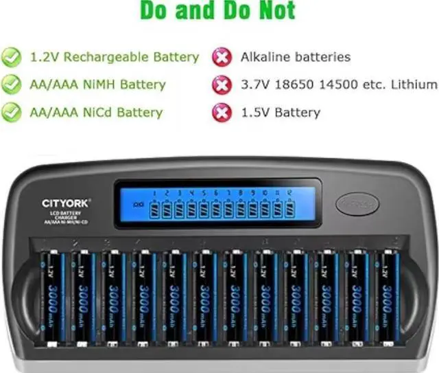 Alt view image 6 of 7 - CITYORK 12 Bay LCD Smart Charger with AA AAA Rechargeable Battery, 6 Pack AA 3000mAh Rechargeable Battery with 6 Pack 1.2V Ni-MH AAA1100mAh Rechargeable Batteries