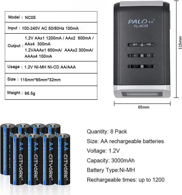 Alt view image 3 of 7 - CITYORK 4 Bay LCD Smart Charger with AA AAA Rechargeable Battery, 8 Pack AA 3000mAh Rechargeable Battery