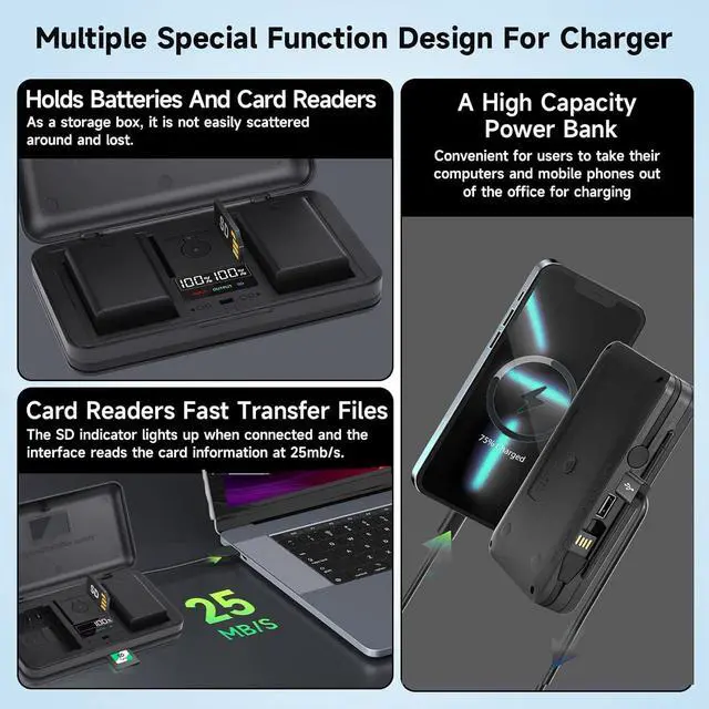 Alt view image 4 of 7 - CITYORK ENEL15 / ENEL15a LCD charger - Built-in USB cable charger with Type C port for Nikon EN-EL15a Z7II Z7 Z6II Z6 D850 D750 D610 D600 D500 D7500 D7200 D7100 D7000 D810A D810 D800E D800