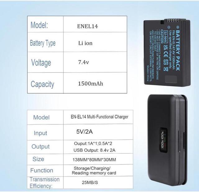 Alt view image 2 of 7 - CITYORK EN EL14 Card Reading Multifunction Battery Charger Case with 2 Pack EN-EL14A 7.4V 1500mAh Batteries for Nikon D3100, D3200, D3300, D3400, D3500, D5100, D5200, D5300, D5500, Coolpix P7000 Camer