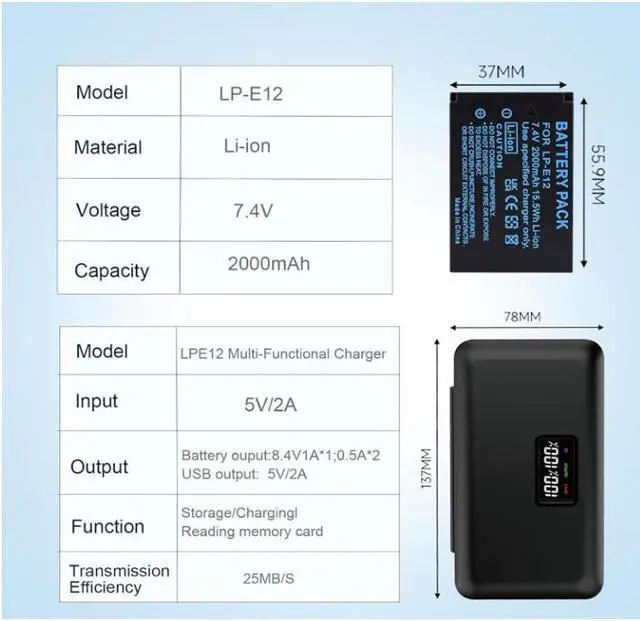 Alt view image 2 of 7 - CITYORK LP-E12 Card Reading Multifunction Battery Charger Case with 2-Pack LP-E12 7.4v 2000mAh Batteries for Canon EOS-M, EOS M2, EOS M10, EOS M50, EOS M50 Mark II, EOS M100, EOS M200, SX70 HS Cameras