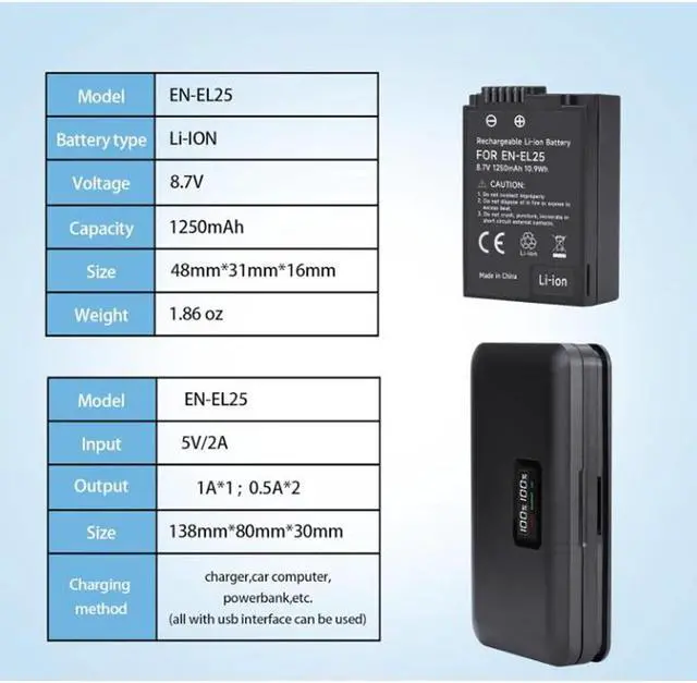 Alt view image 2 of 7 - CITYORK 2 Pack 8.7V 1250MAH EN-EL25 Batteries with Charger Case for Nikon Z30 Z50, Z 50, Z fc for NikonEN-EL25a 4241