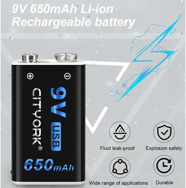 Alt view image 3 of 7 - CITYORK USB Rechargeable 9V Li-ion Batteries (4 Pack)- 650mAh Long Lasting Lithium Batteries with Micro Charging Cable