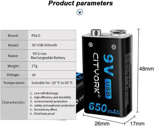Alt view image 5 of 7 - CITYORK USB Rechargeable 9V Li-ion Batteries (4 Pack)- 650mAh Long Lasting Lithium Batteries with Micro Charging Cable