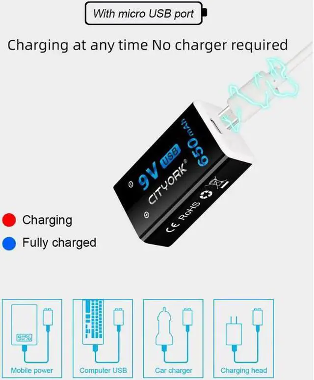 Alt view image 6 of 7 - CITYORK USB Rechargeable 9V Li-ion Batteries (4 Pack)- 650mAh Long Lasting Lithium Batteries with Micro Charging Cable