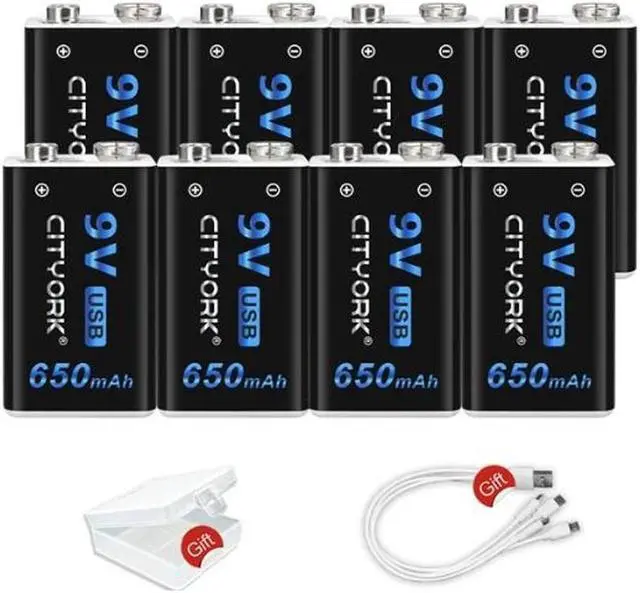 Main image of CITYORK USB Rechargeable 9V Li-ion Batteries (8 Pack)- 650mAh Long Lasting Lithium Batteries with Micro Charging Cable