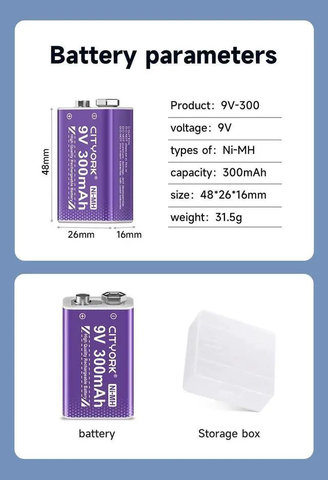 Alt view image 4 of 6 - CITYORK 9V NiMH/NiCD Battery Charger with 6 Pack 6F22 300mAh 9V Ni-MH Rechargeable Batteries  for Multimeter Microphone Remote Control KTV Use Crown Krone