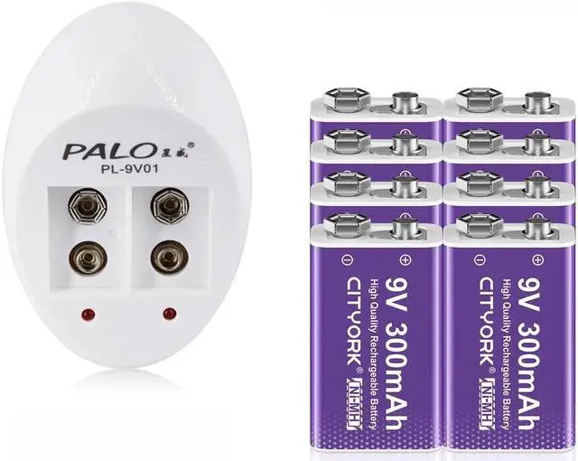Main image of CITYORK 9V NiMH/NiCD Battery Charger with 8 Pack 6F22 300mAh 9V Ni-MH Rechargeable Batteries  for Multimeter Microphone Remote Control KTV Use Crown Krone