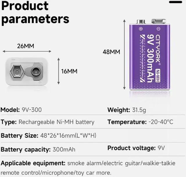 Alt view image 6 of 7 - CITYORK 9V NiMH/NiCD Battery Charger with 8 Pack 6F22 300mAh 9V Ni-MH Rechargeable Batteries  for Multimeter Microphone Remote Control KTV Use Crown Krone