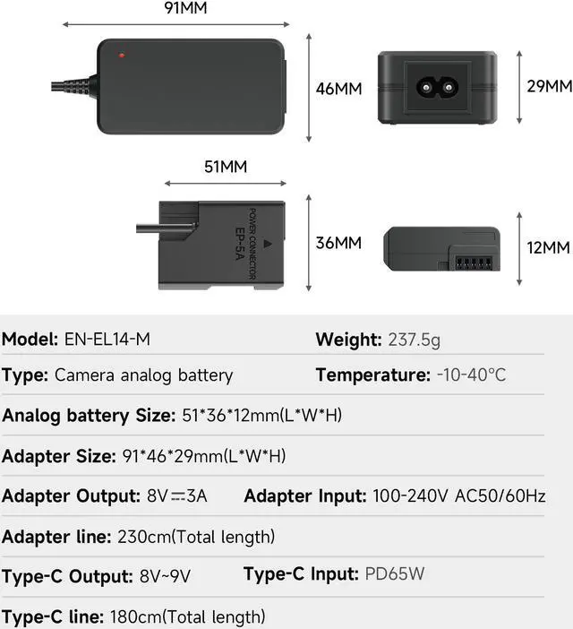 Alt view image 6 of 7 - CITYORK EH-5a PW20 AC Power Supply Adapter EN-EL14 Dummy Battery EP-5A DC Coupler Kit for Nikon D3500 D3200 D5100 D5200 D5300 D5500 D5600 D3100 D3300 D3400