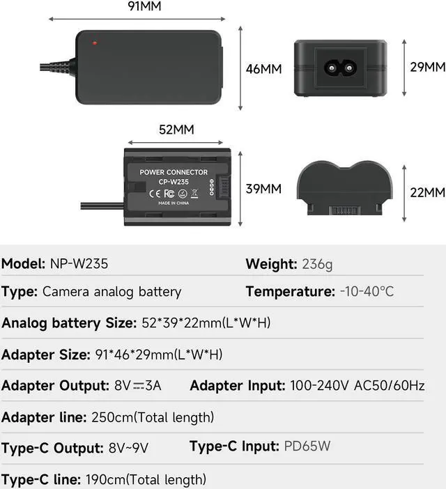 Alt view image 7 of 7 - CITYORK CP-W235 Dummy Battery Power Adapter with USB,NP-W235 DC Coupler Replacement for Fujifilm X-T5 X-T4 X-H2S X-H2 GFX50SII GFX100S VG-XT4 X-S20-4266 Cameras