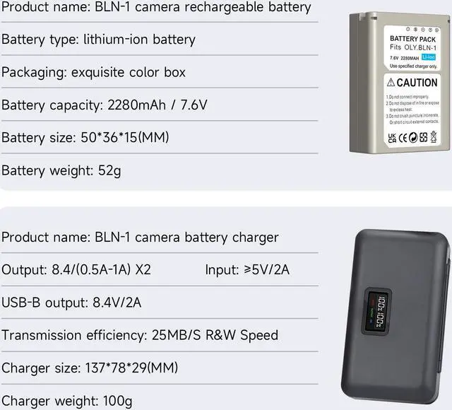 Alt view image 2 of 7 - CITYORK for Olympus BLN1 Battery 2 Pack 7.6V 2280mAh with LCD Dual Charger for Olympus BLN1 BCN-1 OM-D E-M1 E-M5 2 E-M5 Mark II Pen F E-P5