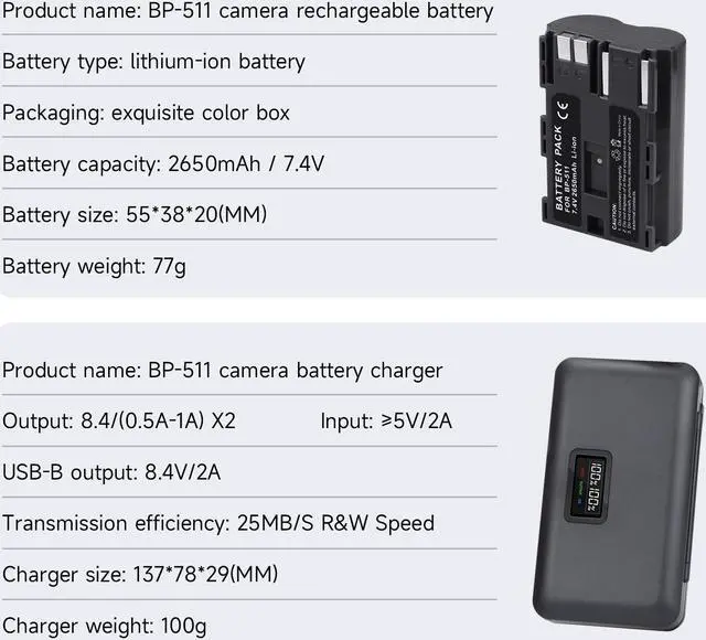 Alt view image 2 of 7 - CITYORK BP-511 BP-511A Battery 2 Pack 7.4V 2650mAh with LCD Dual Charger for Canon EOS 50D 40D 30D 20Da 20D 10D 5D 300D Digital Rebel D30 D60 PowerShot G6 G5 G3 G2 G1 Pro 1 Pro 90