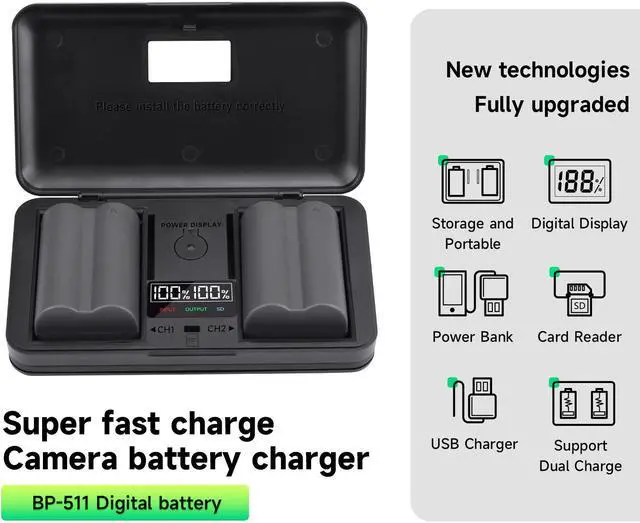 Alt view image 7 of 7 - CITYORK BP-511 BP-511A Battery 2 Pack 7.4V 2650mAh with LCD Dual Charger for Canon EOS 50D 40D 30D 20Da 20D 10D 5D 300D Digital Rebel D30 D60 PowerShot G6 G5 G3 G2 G1 Pro 1 Pro 90