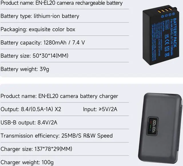 Alt view image 2 of 7 - CITYORK EN-EL20, EN-EL20a Battery 2 Pack 7.4V 1280mAh with LCD Dual Charger for Nikon Coolpix P950, P1000, DL24-500, Coolpix A, 1 AW1, 1 J1, 1 J2, 1 J3, 1 S1, 1 V3 Digital Camera