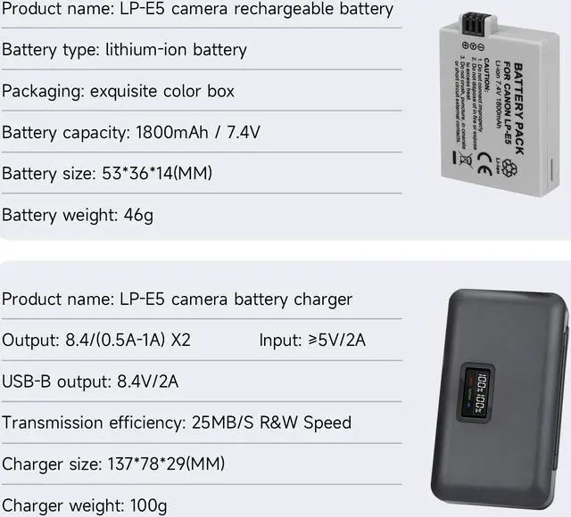Alt view image 2 of 7 - CITYORK LP-E5 LPE5 Battery 2 Pack 7.4V 1800mAh with LCD Dual Charger for Canon EOS Rebel XS, Rebel T1i, Rebel XSi, 1000D, 500D, 450D, Kiss X3, KissX2, KissF