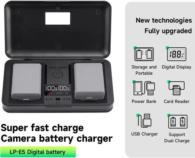 Alt view image 7 of 7 - CITYORK LP-E5 LPE5 Battery 2 Pack 7.4V 1800mAh with LCD Dual Charger for Canon EOS Rebel XS, Rebel T1i, Rebel XSi, 1000D, 500D, 450D, Kiss X3, KissX2, KissF