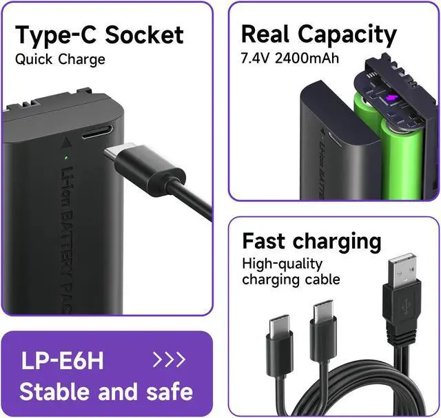 Alt view image 2 of 7 - CITYORK 2400mAh LP-E6 LP-E6N Battery with Type-C USB-C Fast Charging for Canon EOS 5D Mark II 5D Mark III 5DS 5DS R 6D 7D 60D 60Da 70D 7D Mark II 7D Mark III Camera 7.4V