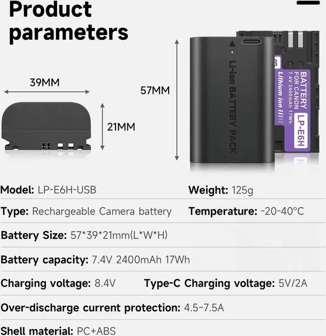 Alt view image 3 of 7 - CITYORK 2400mAh LP-E6 LP-E6N Battery with Type-C USB-C Fast Charging for Canon EOS 5D Mark II 5D Mark III 5DS 5DS R 6D 7D 60D 60Da 70D 7D Mark II 7D Mark III Camera 7.4V