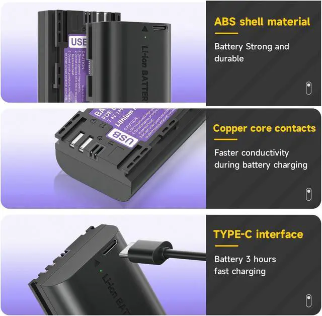 Alt view image 4 of 7 - CITYORK 2400mAh LP-E6 LP-E6N Battery with Type-C USB-C Fast Charging for Canon EOS 5D Mark II 5D Mark III 5DS 5DS R 6D 7D 60D 60Da 70D 7D Mark II 7D Mark III Camera 7.4V