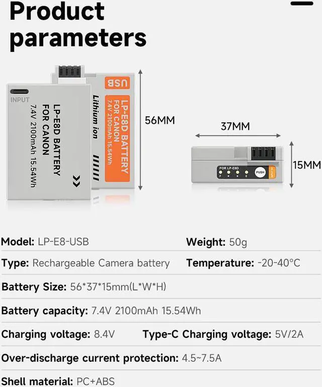 Alt view image 2 of 7 - CITYORK 2100mAh LP-E8 Battery with Type-C USB-C Fast Charging for Canon EOS 550D 600D 700D X4 X5 X6i X7i T2i T3i T4i T5i Camera 7.4v