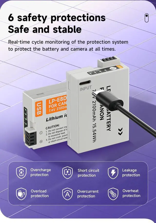 Alt view image 3 of 7 - CITYORK 2100mAh LP-E8 Battery with Type-C USB-C Fast Charging for Canon EOS 550D 600D 700D X4 X5 X6i X7i T2i T3i T4i T5i Camera 7.4v