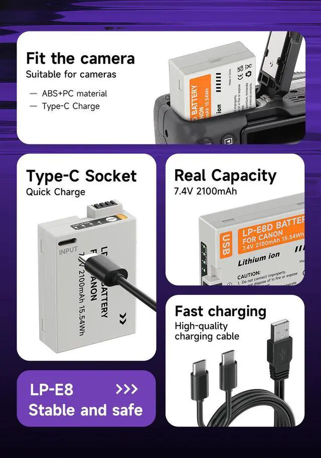 Alt view image 4 of 7 - CITYORK 2100mAh LP-E8 Battery with Type-C USB-C Fast Charging for Canon EOS 550D 600D 700D X4 X5 X6i X7i T2i T3i T4i T5i Camera 7.4v