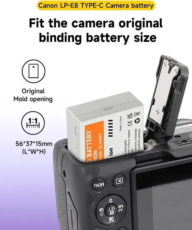 Alt view image 5 of 7 - CITYORK 2100mAh LP-E8 Battery with Type-C USB-C Fast Charging for Canon EOS 550D 600D 700D X4 X5 X6i X7i T2i T3i T4i T5i Camera 7.4v