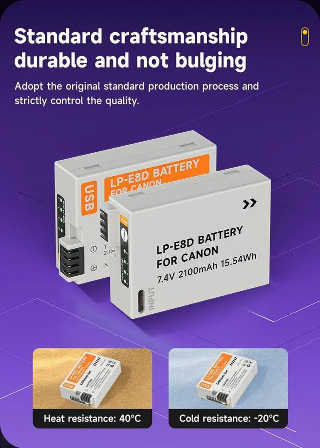 Alt view image 7 of 7 - CITYORK 2100mAh LP-E8 Battery with Type-C USB-C Fast Charging for Canon EOS 550D 600D 700D X4 X5 X6i X7i T2i T3i T4i T5i Camera 7.4v