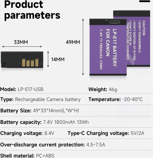 Alt view image 2 of 7 - CITYORK 1800mAh LP-E17 Battery with Type-C USB-C Fast Charging for Canon EOS RP 200D 250D M3 M5 M6 750D 760D T6i T6s 800D 8000D Kiss X8i Camera 7.4v
