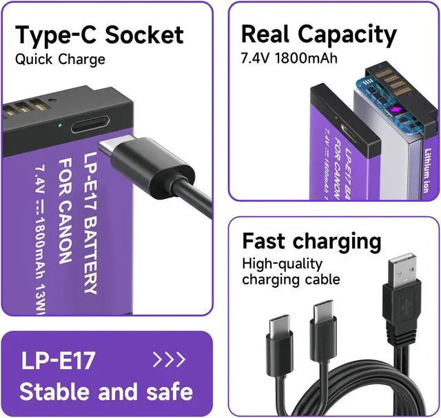 Alt view image 3 of 7 - CITYORK 1800mAh LP-E17 Battery with Type-C USB-C Fast Charging for Canon EOS RP 200D 250D M3 M5 M6 750D 760D T6i T6s 800D 8000D Kiss X8i Camera 7.4v