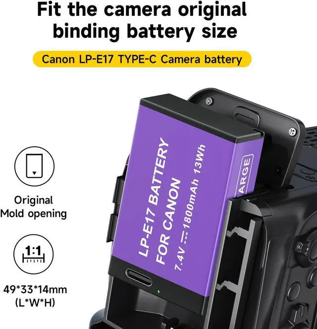 Alt view image 4 of 7 - CITYORK 1800mAh LP-E17 Battery with Type-C USB-C Fast Charging for Canon EOS RP 200D 250D M3 M5 M6 750D 760D T6i T6s 800D 8000D Kiss X8i Camera 7.4v