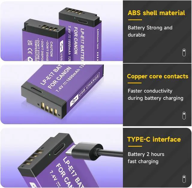Alt view image 5 of 7 - CITYORK 1800mAh LP-E17 Battery with Type-C USB-C Fast Charging for Canon EOS RP 200D 250D M3 M5 M6 750D 760D T6i T6s 800D 8000D Kiss X8i Camera 7.4v