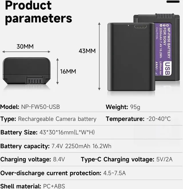 Alt view image 2 of 7 - CITYORK 2250mAh NP-FW50 Battery with Type-C USB-C Fast Charging for Sony ZV-E10, Alpha A6000 A6300 A6400 A6500 A5000 A5100 A7 A7II A7R A7RII A7S A7SII RX10 II III, NEX-3, NEX-5 Camera 7.4V
