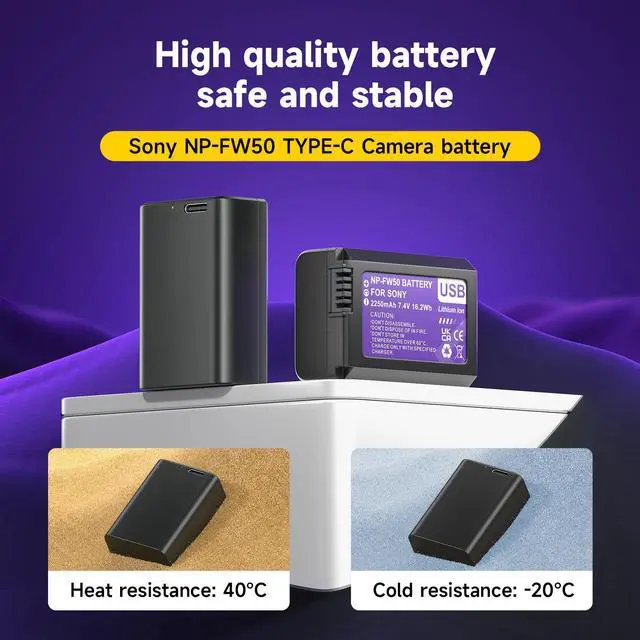 Alt view image 7 of 7 - CITYORK 2250mAh NP-FW50 Battery with Type-C USB-C Fast Charging for Sony ZV-E10, Alpha A6000 A6300 A6400 A6500 A5000 A5100 A7 A7II A7R A7RII A7S A7SII RX10 II III, NEX-3, NEX-5 Camera 7.4V