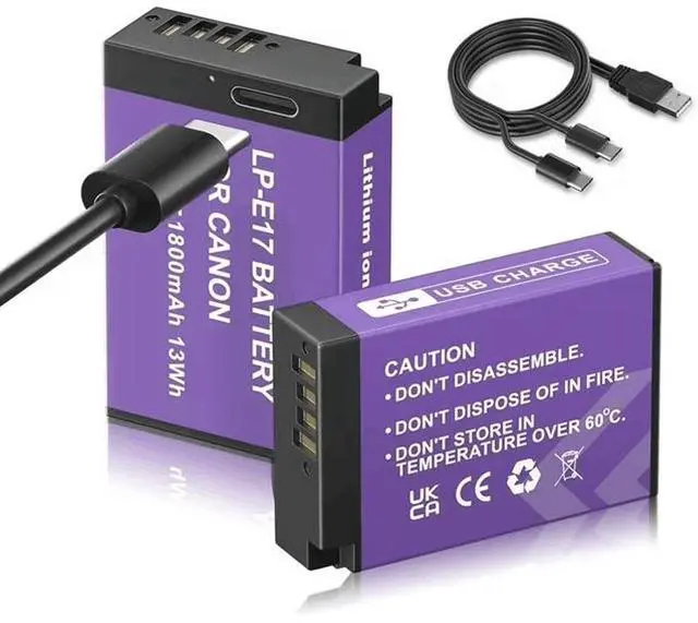 Main image of CITYORK 2 Pack 1800mAh Canon LP-E17 Battery with Type-C USB-C for Canon EOS R50 R8 RP R10, R100,,RP Rebel SL2 SL3 T6i T6s T7i M3 M5 M6 200D 77D 750D 760D 800D 8000D KISS X8i