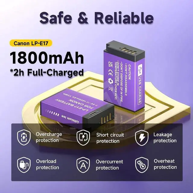 Alt view image 3 of 7 - CITYORK 2 Pack 1800mAh Canon LP-E17 Battery with Type-C USB-C for Canon EOS R50 R8 RP R10, R100,,RP Rebel SL2 SL3 T6i T6s T7i M3 M5 M6 200D 77D 750D 760D 800D 8000D KISS X8i