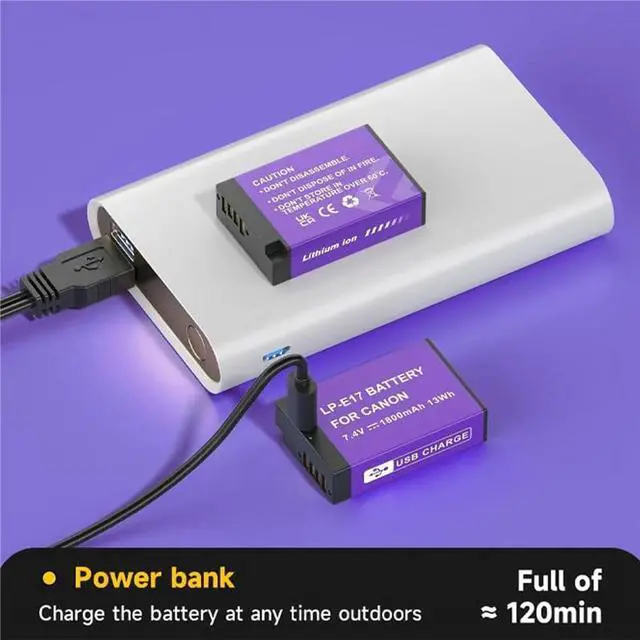 Alt view image 6 of 7 - CITYORK 2 Pack 1800mAh Canon LP-E17 Battery with Type-C USB-C for Canon EOS R50 R8 RP R10, R100,,RP Rebel SL2 SL3 T6i T6s T7i M3 M5 M6 200D 77D 750D 760D 800D 8000D KISS X8i