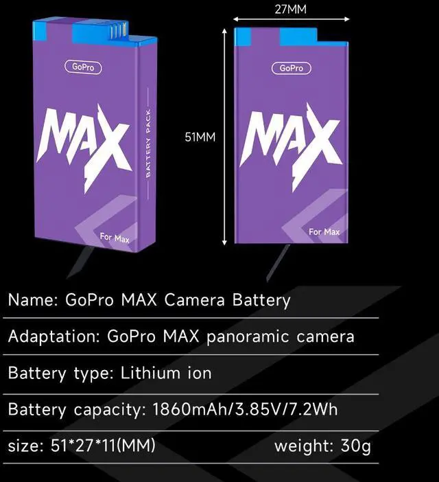 Alt view image 2 of 7 - CITYORK 2 Pack Gopro Max Rechargeable Battery Replacement for Gopro Max/Gopro Max 360 /Gopro ACDBD-001 ACBAT-001 Sport Camera Accessories 1860mAh