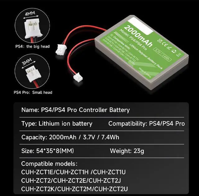 Alt view image 7 of 7 - CITYORK 1-Pack PS4 Battery Replacement for PS4/PS4 Pro/P4 Slim PS4 DualsShock 4 Controller CUH-ZCT1E CUH-ZCT1H CUH-ZCT1U CUH-ZCT2 CUH-ZCT2U 3.7V 2000mAh