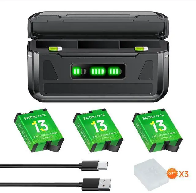 Main image of CITYORK 3 Pack Rechargeable Battery 2400mAh with 3-Slot Storage USB Charger for GoPro Hero13 Black Sport Camera