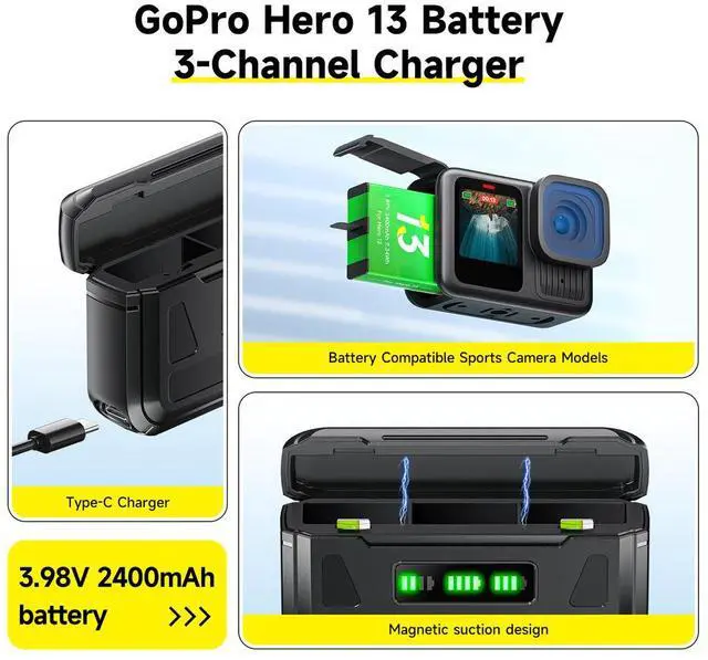 Alt view image 5 of 7 - CITYORK 3 Pack Rechargeable Battery 2400mAh with 3-Slot Storage USB Charger for GoPro Hero13 Black Sport Camera